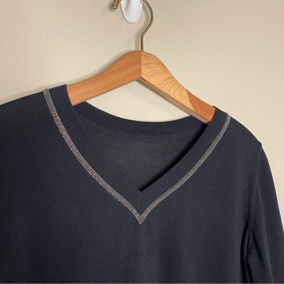 Fabiana Filippi Metallic Trim V-Neck Sweater Top in Navy Blue S - Picture 5 of 11